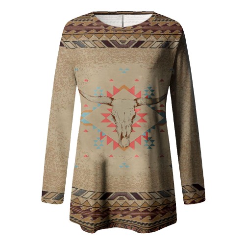 Retro Cowgirl Aztec Print Tunic Top in Earth Tones for Daily Comfort