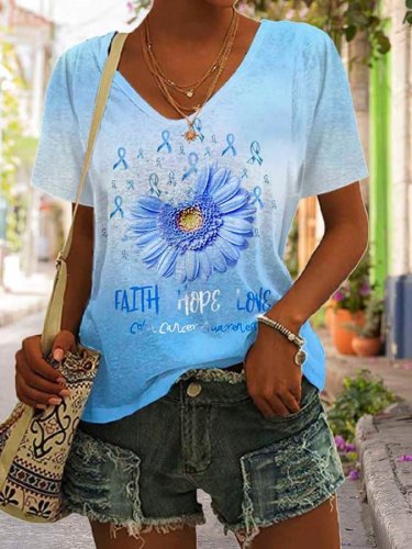 Colon Cancer Awareness Sunflower Faith Hope Love Print T-Shirt