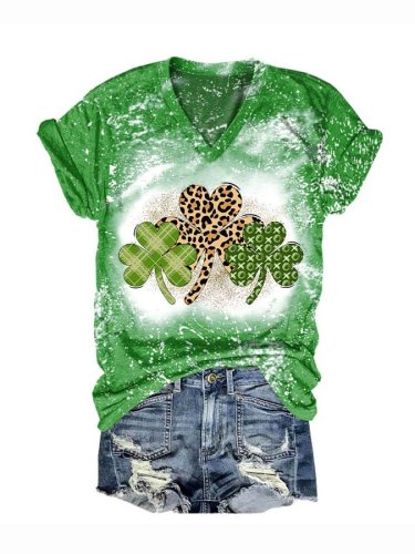 Women's St Patrick's Day Tie Dye Clover Leopard Print Short Sleeve T-Shirt