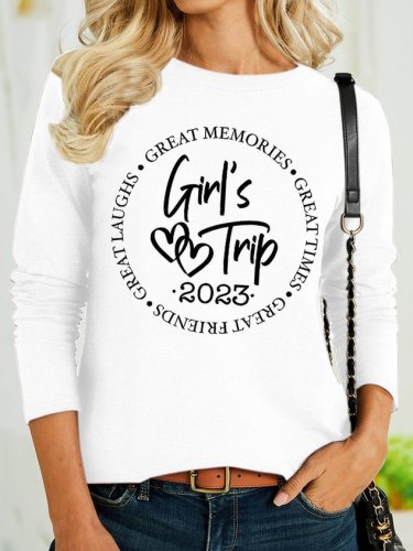 Women's Girl's Trip 2023 Funny Graphic Printing Text Letters Casual Regular Fit Crew Neck Shirt