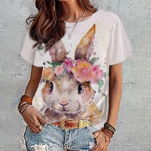 Bunny Floral Print Easter Short Sleeve Casual Top