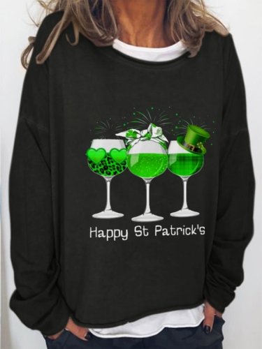 Women's Three Wine Glass St Patrick's Day Shamrock Print Casual Sweatshirt
