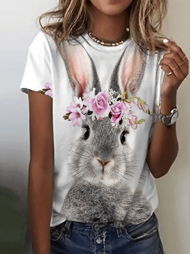 Women's Easter Cute Bunny Print O-neck Short Sleeve T-shirt