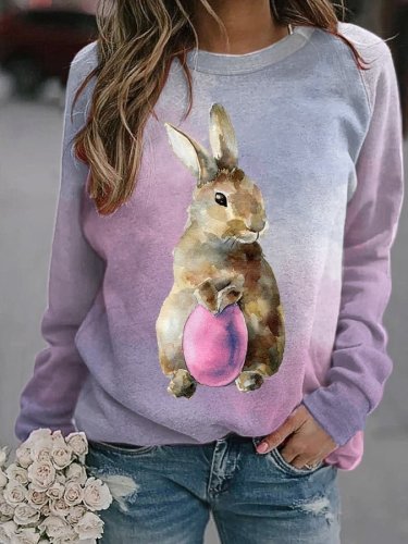 Women's Cute Easter Egg Bunny Watercolor Print Sweatshirt