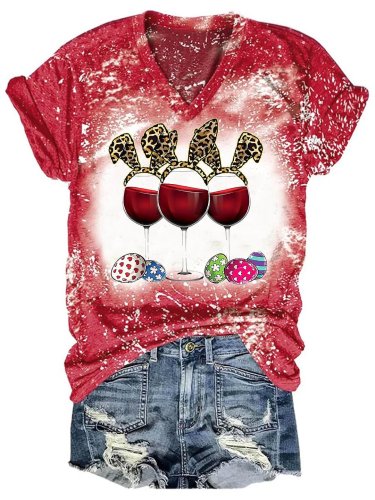 Women's Easter Wine Glass Leopard Print Tie Dye Top
