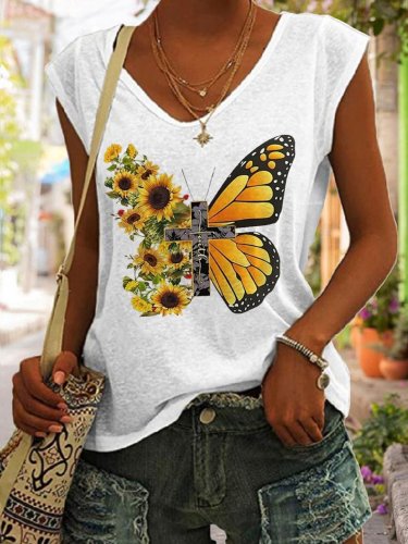 Women's Butterfly Sunflower Faith Print T-Shirt