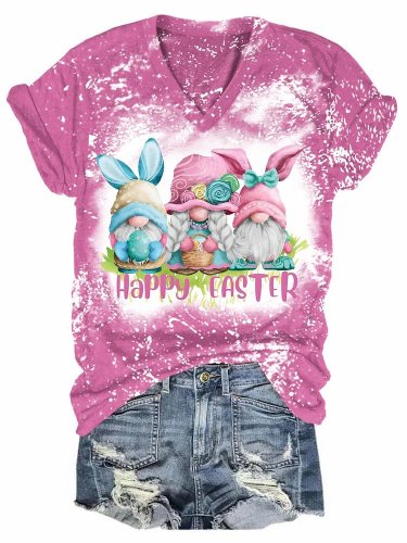 Women's Happy Easter Bunny Gnome Bleaching Print T-Shirt