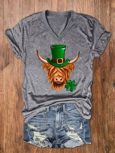 Women's St Patricks Day Highland Cow Print V-Neck Short Sleeve T-Shirt
