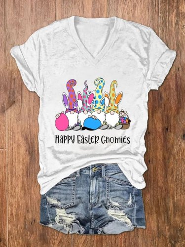 Women's Easter Gnomes Cute Bunny Print V Neck T-Shirt