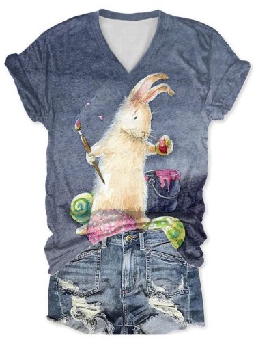 Woman Easter Bunny Eggs V-neck Short Sleeve Printed T-shirt