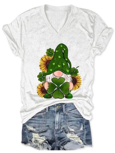 Women‘s St Patrick's Day Shamrock Gnome With Sunflowers Print V-Neck Casual T-Shirt