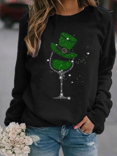 Women's Shamrock Wine Glasses Print Sweatshirt