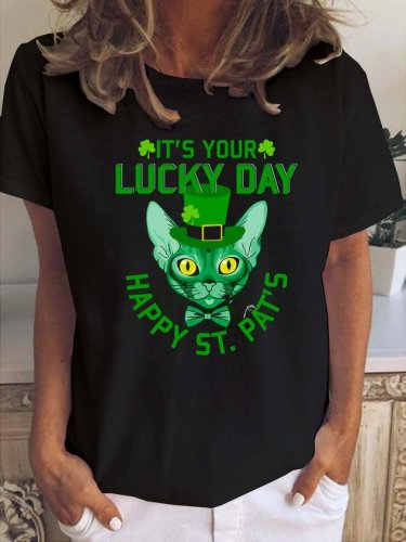 St. Patrick's Day Cat Crew Neck Short Sleeve T-Shirt