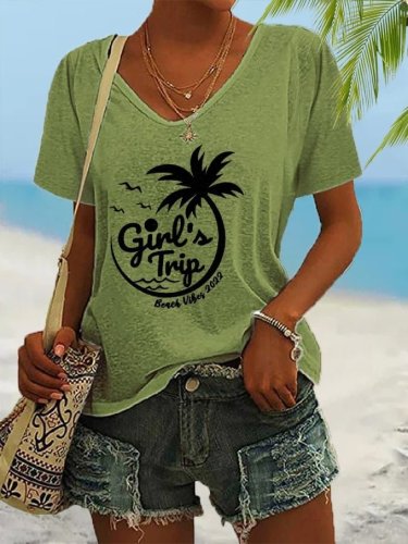 Women's Beach Vibes Girl's Trip Palm Coconut Tree Print V-Neck Short Sleeve