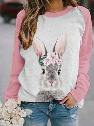 Fashion Crew Neck Long Sleeve Easter Rabbit Print Sweatshirt
