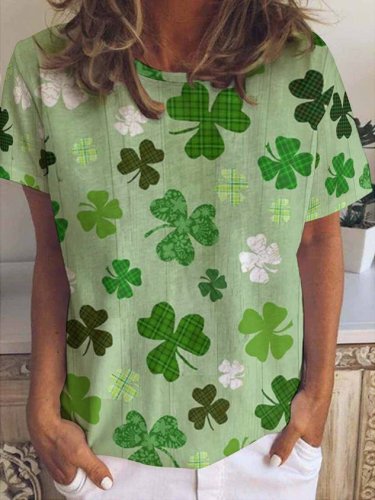 St. Patrick's Day Four-Leaf Clover Floral Crew Neck Shirts & Tops