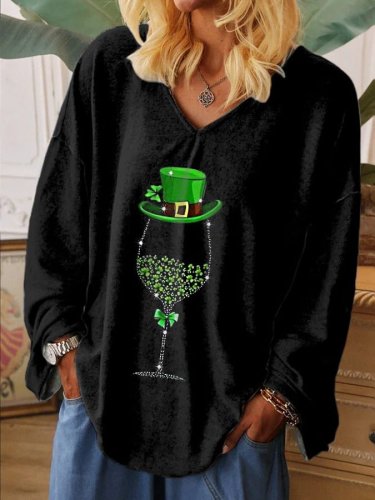 Women's St. Patrick's Day Shiny Wine Glass Graphic Casual Long-Sleeve T-Shirt
