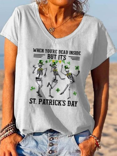 St. Patrick's Day Skull Print V-Neck Short Sleeve T-Shirt