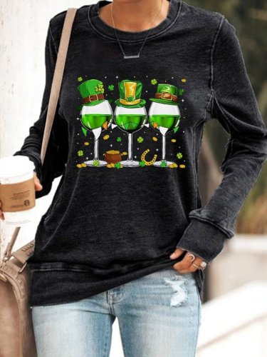 Women's St Patrick's Day Shamrock Wine Glasses Print Sweatshirt