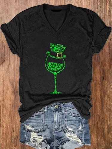 Women's St Patrick’s Day Shamrock Wine Glass Print V-Neck T-Shirt