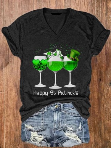 Women‘s Three Wine Glass St Patrick's Day Shamrock Print Casual T-Shirt