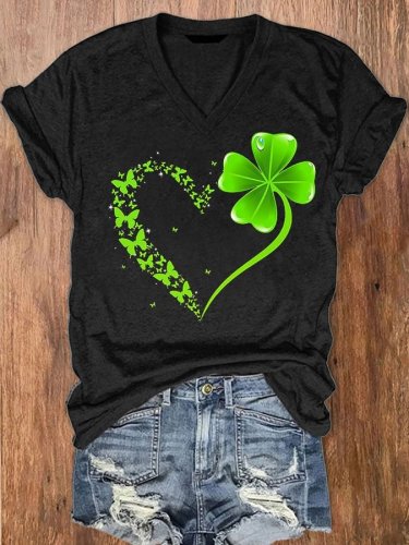 Women's St. Patrick Butterfly Print V-Neck Short Sleeve T-Shirt