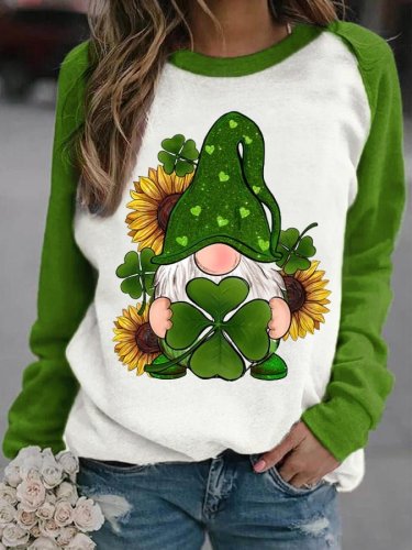 Women's St Patrick's Day Shamrock Gnome With Sunflowers Print Casual Sweatshirt