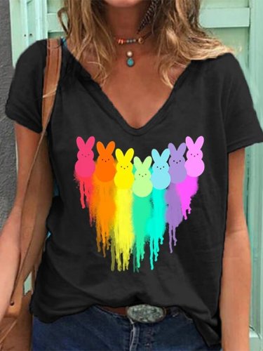 Women's Colorful Easter Peeps Printed V Neck Tee