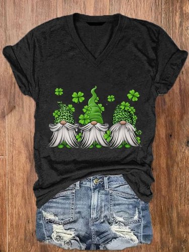Women‘s St Patrick's Day Gnome Clover Print V-Neck Casual T-Shirt
