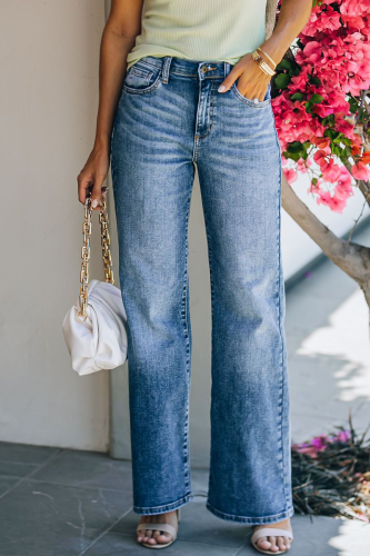 Women's Elegant Solid Basic Straight Mid Waist Wide Leg Jeans