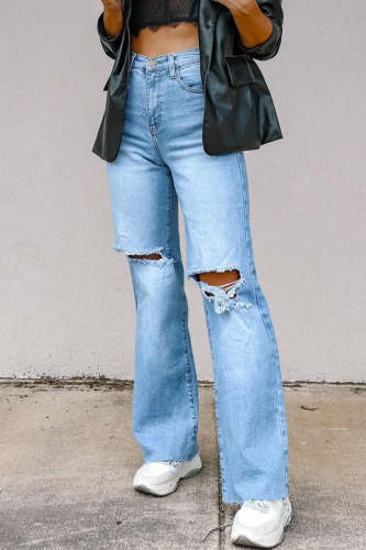 Women's Jean Pants Street Solid Ripped High Waist Regular Denim Jeans