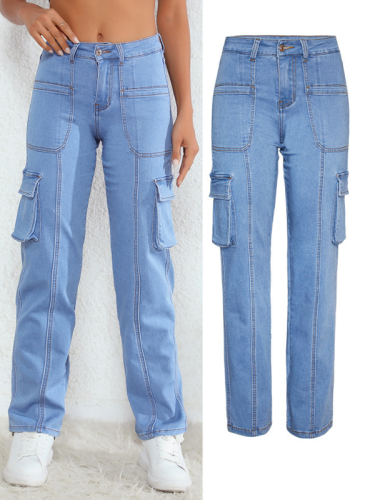 Women's Cargo Denim Pant Straight Leg Loose Stretch Pocket Cargo Jeans