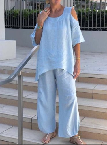 Solid Color Fashion Round Neck Pullover Cotton Linen Short Sleeve Pants Set