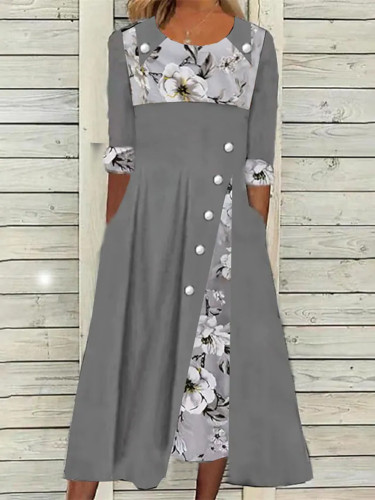 Women's Spring Summer Floral Dress Crew Neck Pocketed Maxi Dresses