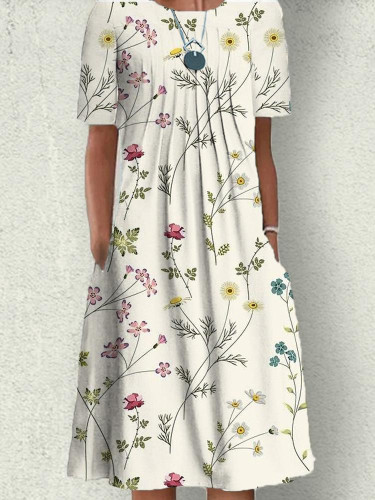 Women's Spring Vintage Floral Dress Crew Neck Short Sleeve A Line Midi Dress