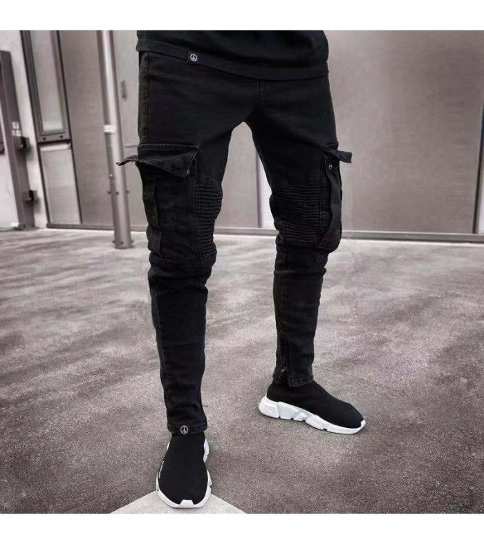 Men Fashionable Solid Color Big Pocket Skinny Jeans S-3XL