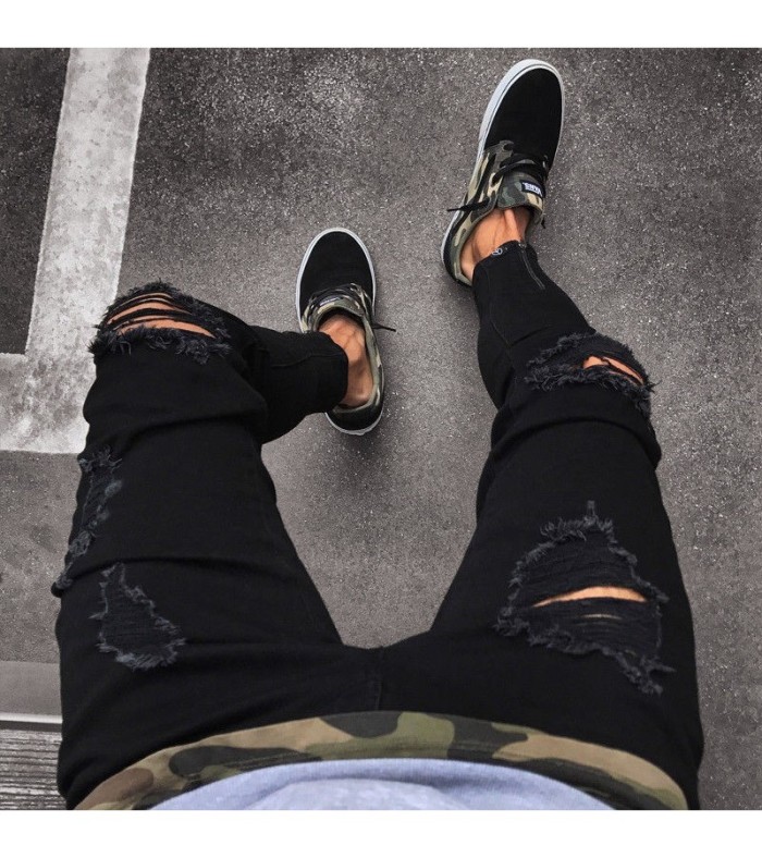 Zipper Design Men Ripped Skinny Jeans S-4XL