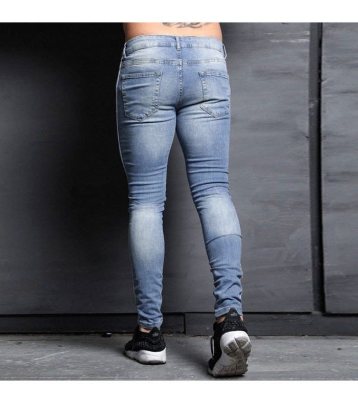 Men Knee Ripped Side Stripe Design Jeans S-3XL