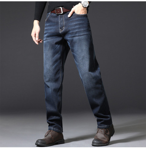 Men's Straight Elastic Mid Waist Jeans Soft cotton Line with fleece Western Style For Work Wear