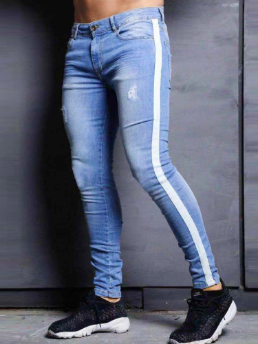 Men Knee Ripped Side Stripe Design Jeans S-3XL
