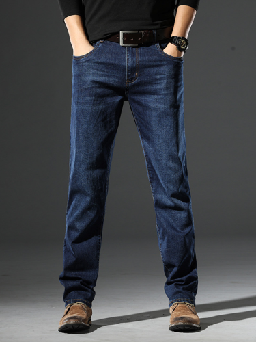 Men's Straight Elastic Mid Waist Jeans Soft cotton Line with fleece Western Style For Work Wear