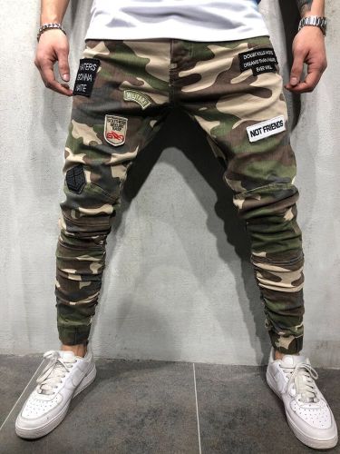 Fashion Men Cotton Camouflage Patched Design Skinny Jeans