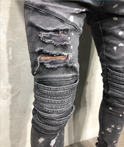 Men Cotton Dots Printed Slim Fit Ripped Pencil Denim Jeans