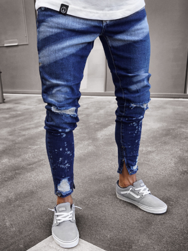 Men's Hemline Zipper Design Unique Washing Ripped Jeans S-3XL