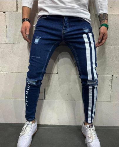 Men Fashion Striped Slim-Fit Ripped Jeans S-3XL