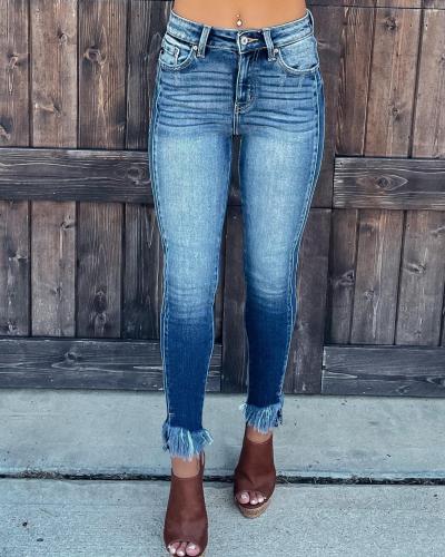 Women's Denim Jeans Tassels Hem Skinny Slimming Jeans Cowboy Style Jeans