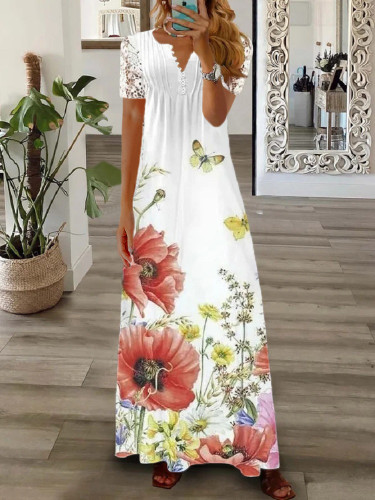 Women's Vacation Dress V-Neck Lace Short Sleeve Long Maxi Floral Summer Dress