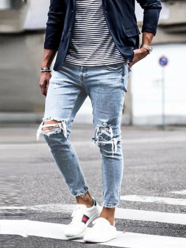 Men Fashion Street Style Ripped Design Skinny Jeans S-3XL
