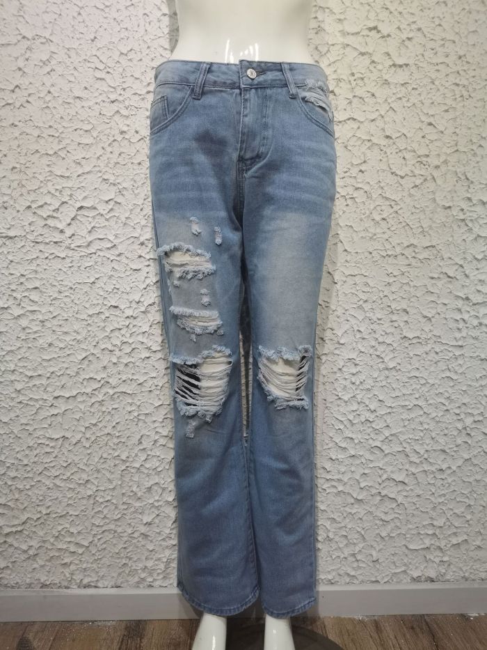Retro Loose Straight High Waist Ladies Jeans Ripped Denim Pants for Women