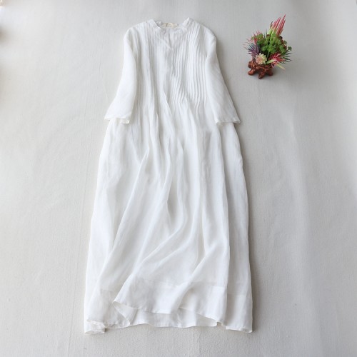 Women's Cotton Linen Dress Pleated V-Neck Mid Sleeve Soft Linen Midi Dress